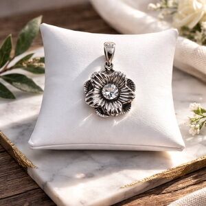 Sophia Fiori Sterling Silver Flower Pendant With Rhinestone Gem